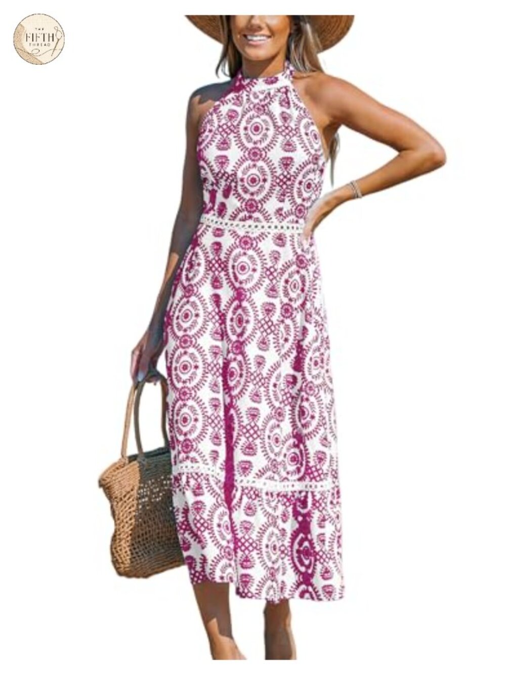 Halter Neck Boho Midi Dress Sleeveless Floral Cutout Waist Flowy Beach Vacation - Picture 1 of 3